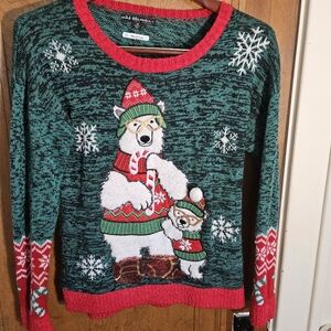 Ugly Christmas Sweater Polar Bear W/Cub & Snow Flakes, Green, Red, Women's M